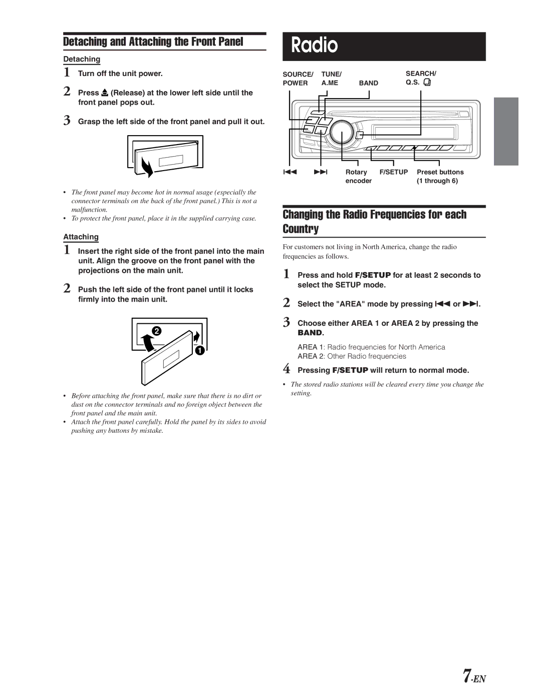 Alpine CDA-9847 Changing the Radio Frequencies for each Country, Pressing F/SETUP will return to normal mode 