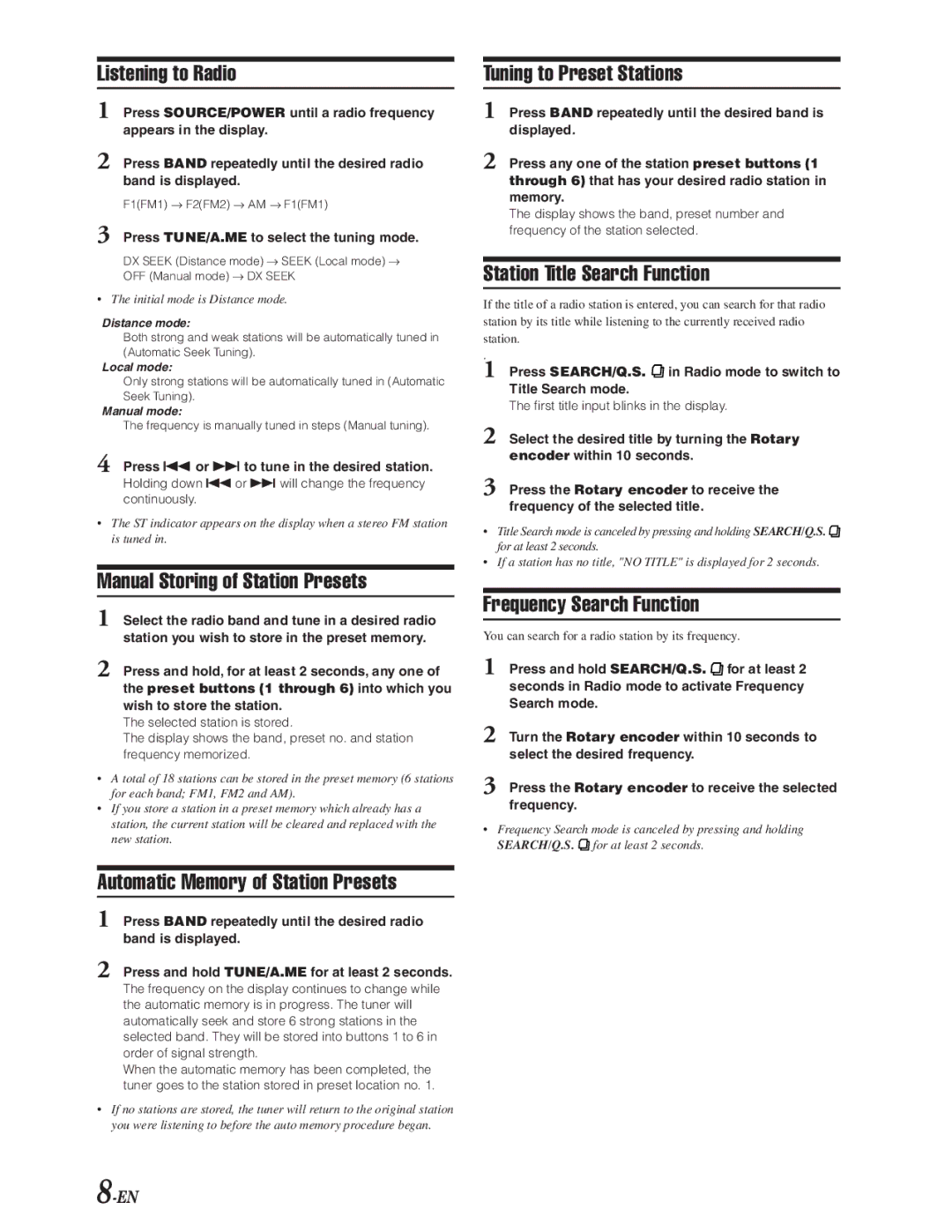 Alpine CDA-9847 owner manual Listening to Radio, Manual Storing of Station Presets, Automatic Memory of Station Presets 