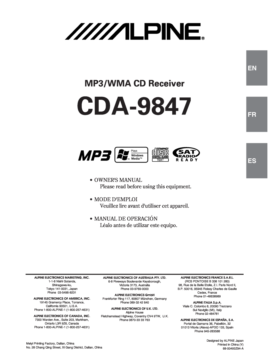 Alpine CDA-9847 owner manual MP3/WMA CD Receiver, Fr Es, Warden Ave., Suite 203, Markham, Phone, 68-00493Z94-A 