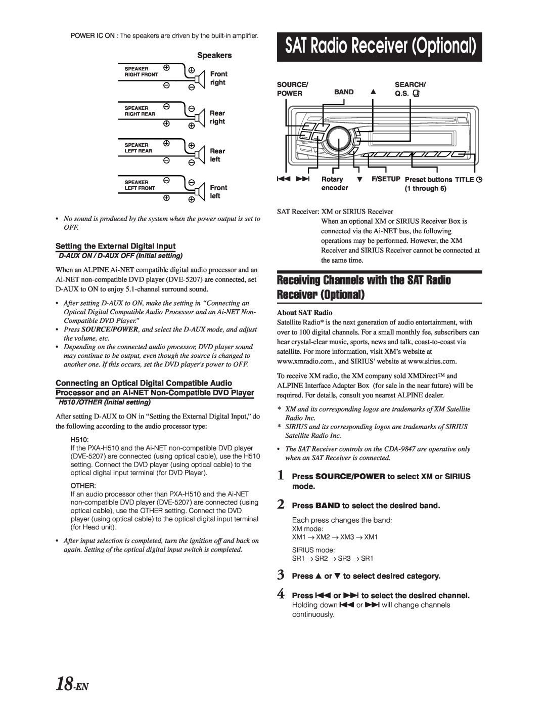 Alpine CDA-9847 owner manual 18-EN, SAT Radio Receiver Optional, About SAT Radio 