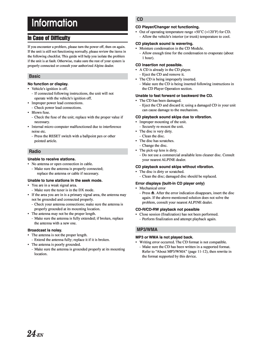 Alpine CDA-9847 owner manual Information, In Case of Difficulty, Basic, Radio, 24-EN, MP3/WMA 