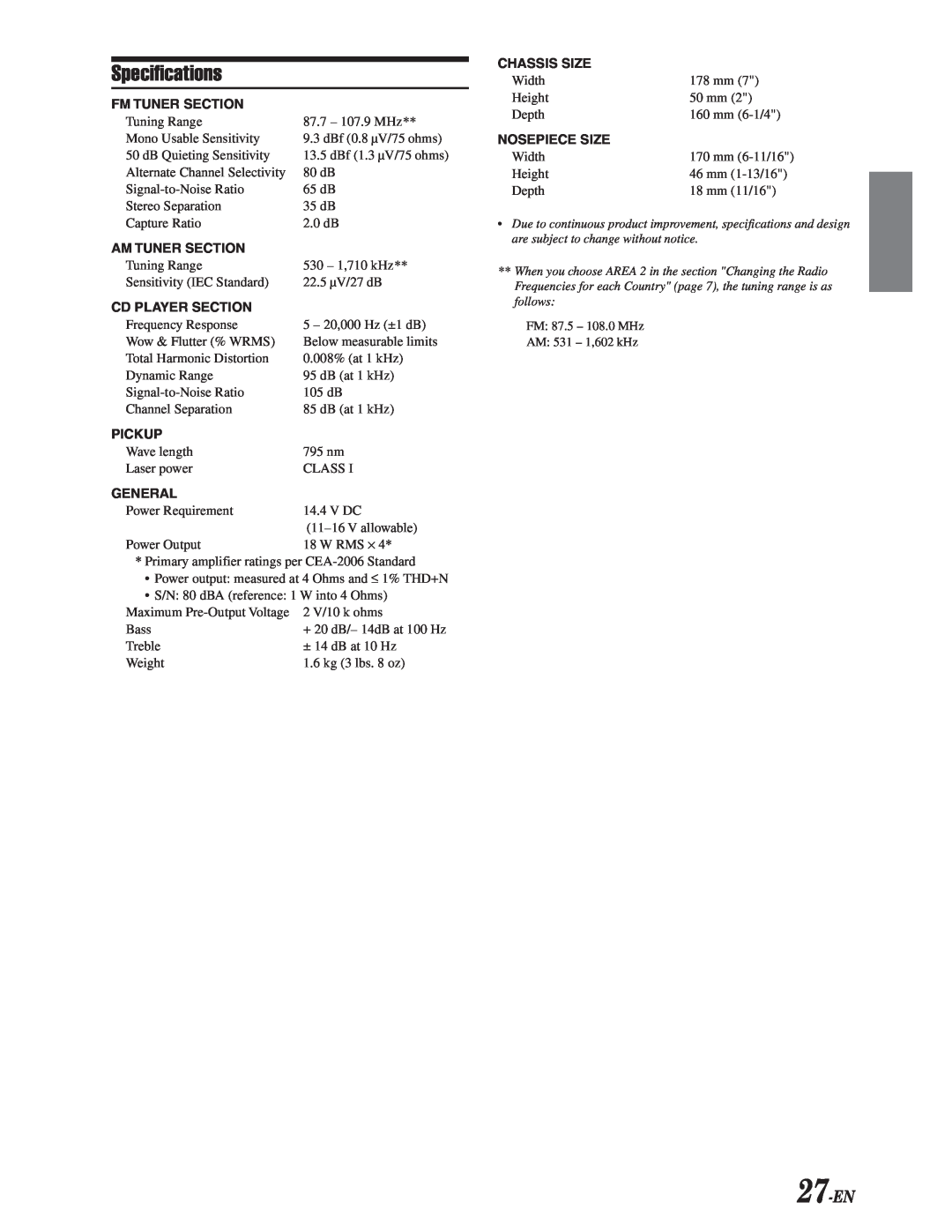 Alpine CDA-9847 owner manual Specifications, 27-EN 