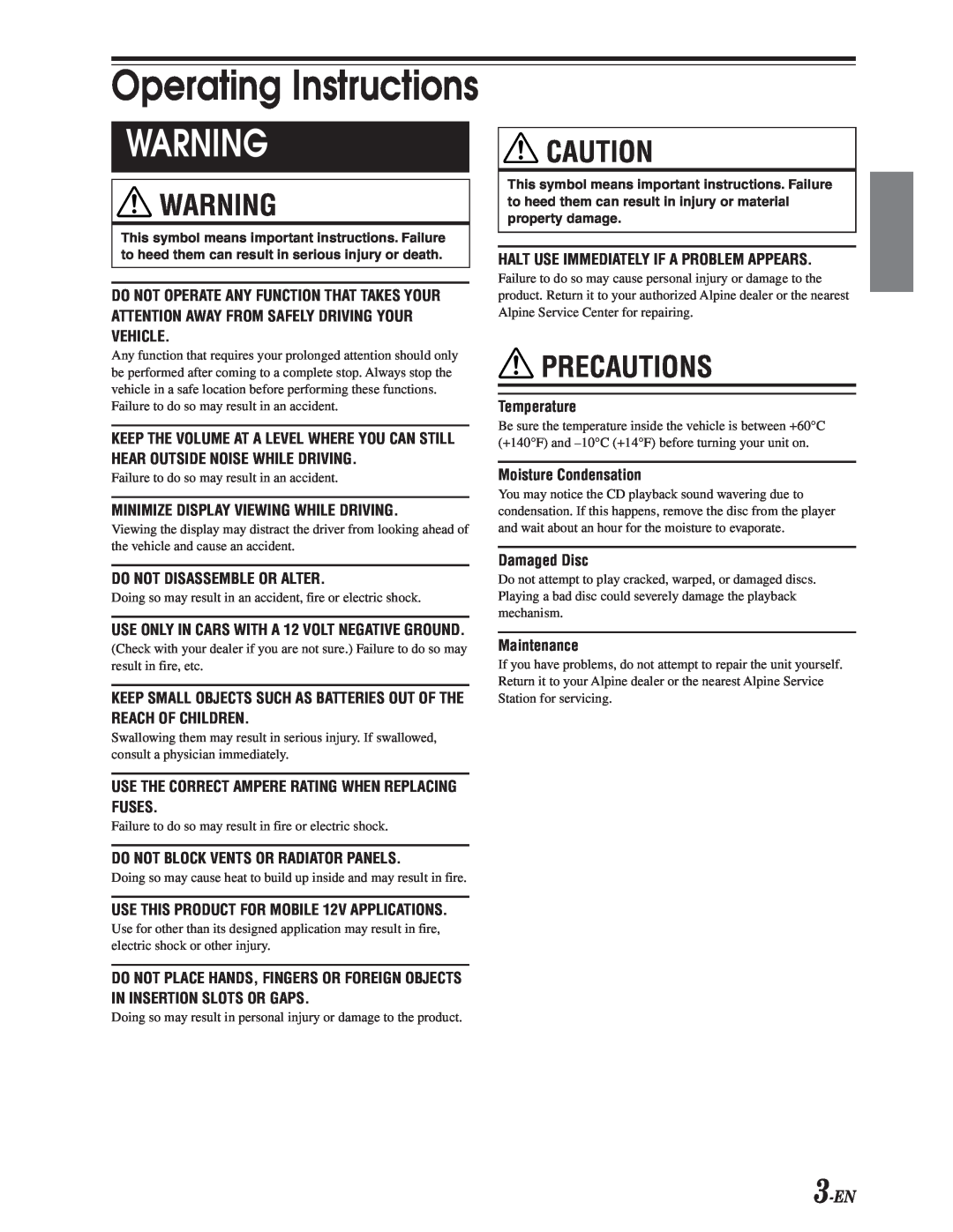Alpine CDA-9847 owner manual Precautions, 3-EN, Operating Instructions 