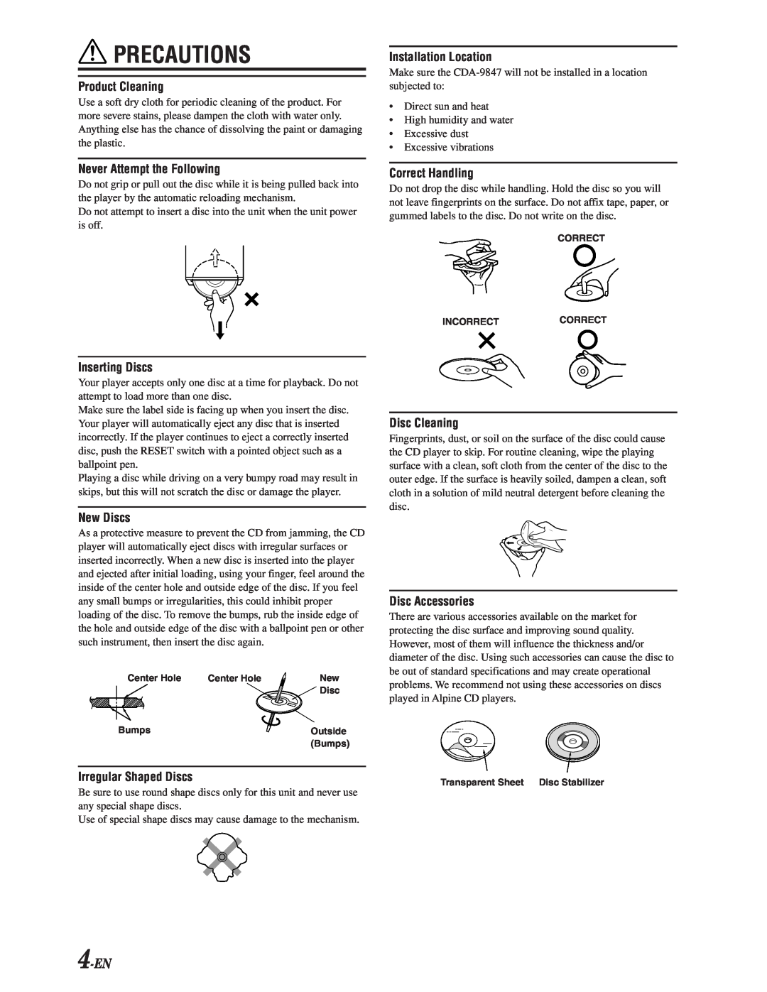 Alpine CDA-9847 owner manual 4-EN, Precautions, Product Cleaning, Never Attempt the Following, Inserting Discs, New Discs 