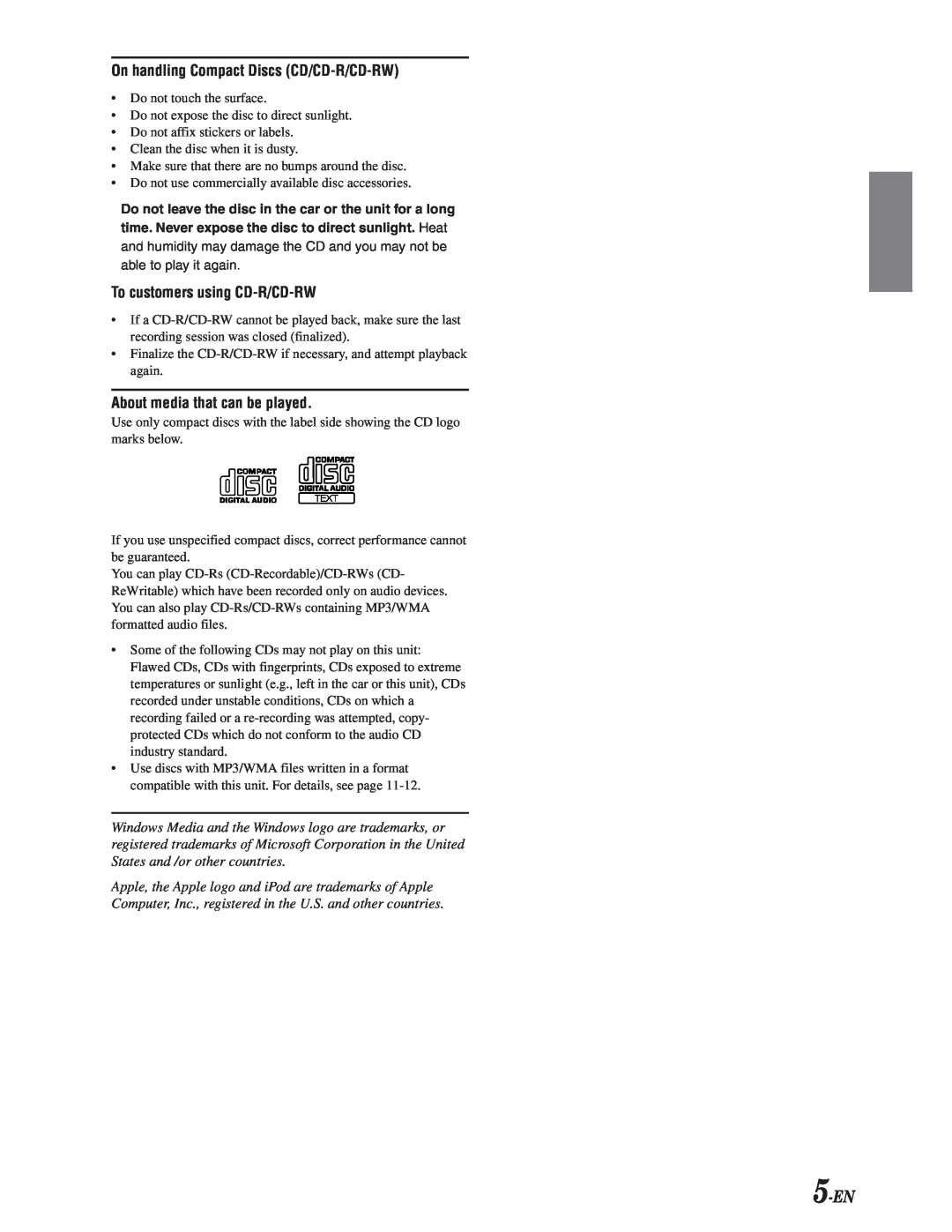 Alpine CDA-9847 owner manual 5-EN, On handling Compact Discs CD/CD-R/CD-RW, To customers using CD-R/CD-RW 