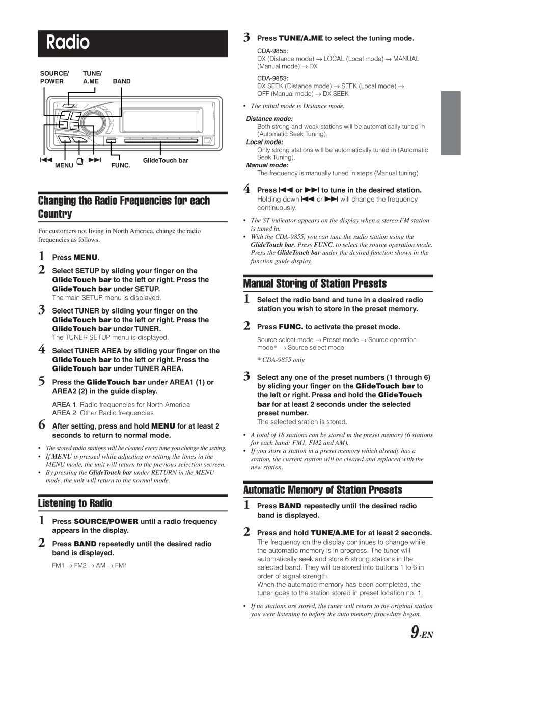 Alpine CDA-9855 Changing the Radio Frequencies for each Country, Listening to Radio, Manual Storing of Station Presets 