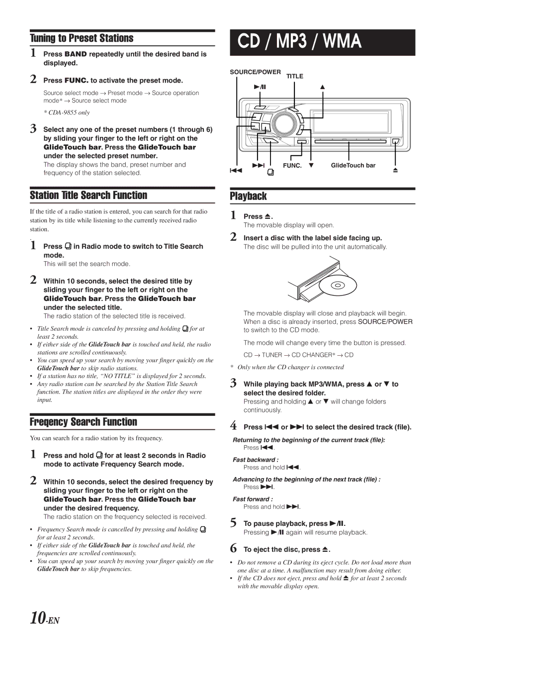 Alpine CDA-9853 CD / MP3 / WMA, Tuning to Preset Stations, Station Title Search Function, Freqency Search Function 