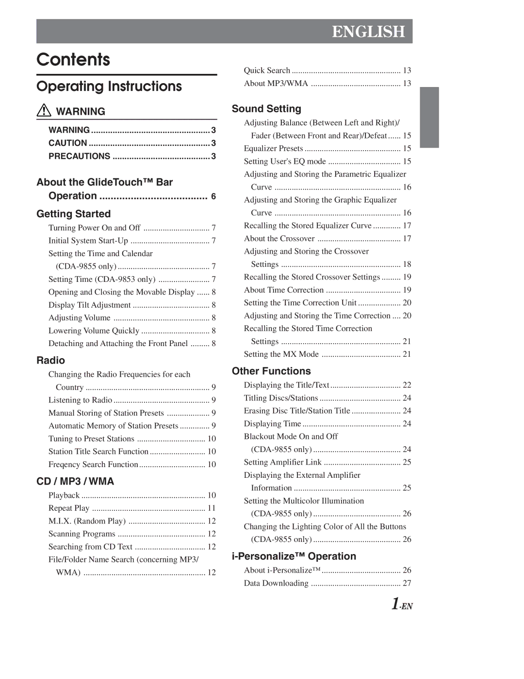 Alpine CDA-9855, CDA-9853 owner manual Contents 