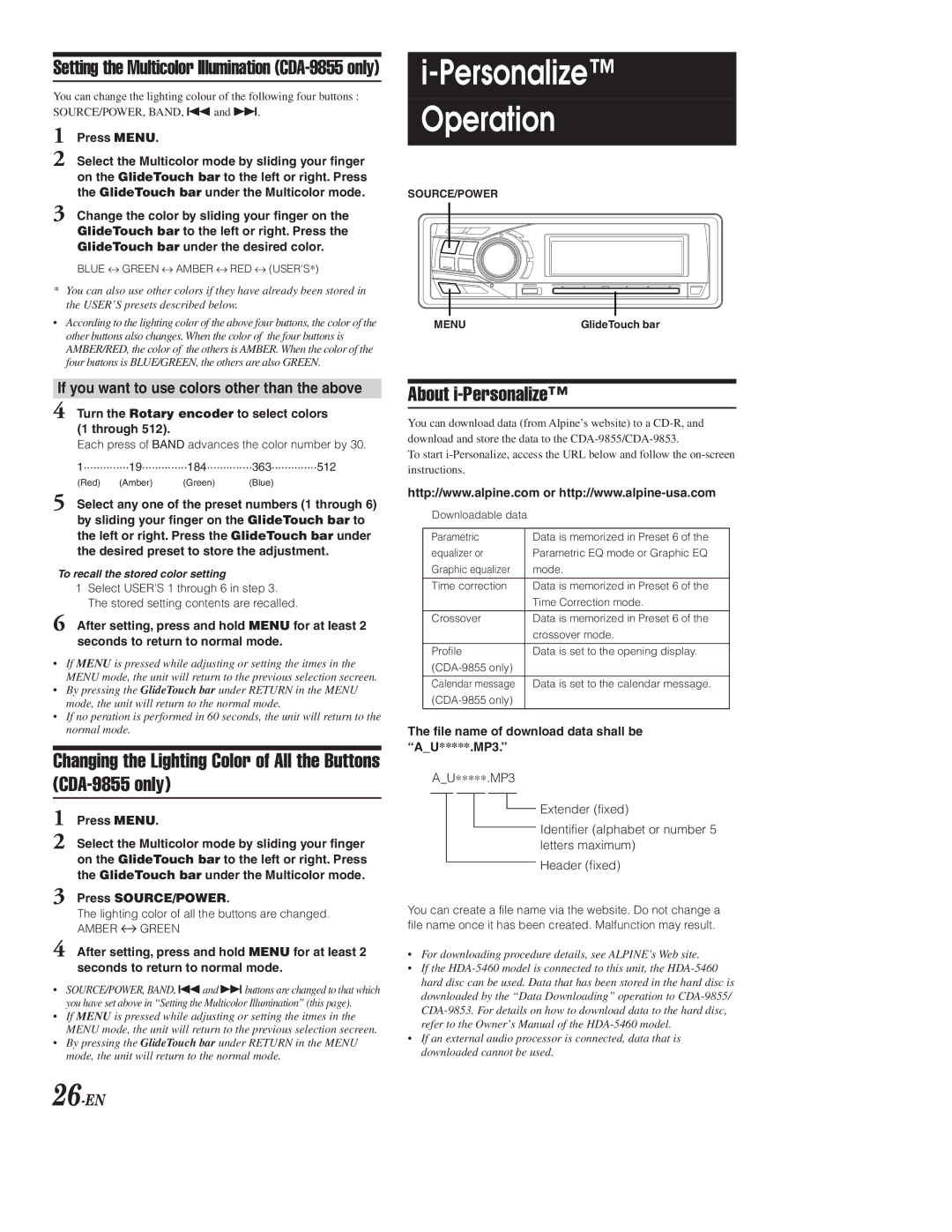 Alpine CDA-9853, CDA-9855 owner manual About i-Personalize, If you want to use colors other than the above, 26-EN 