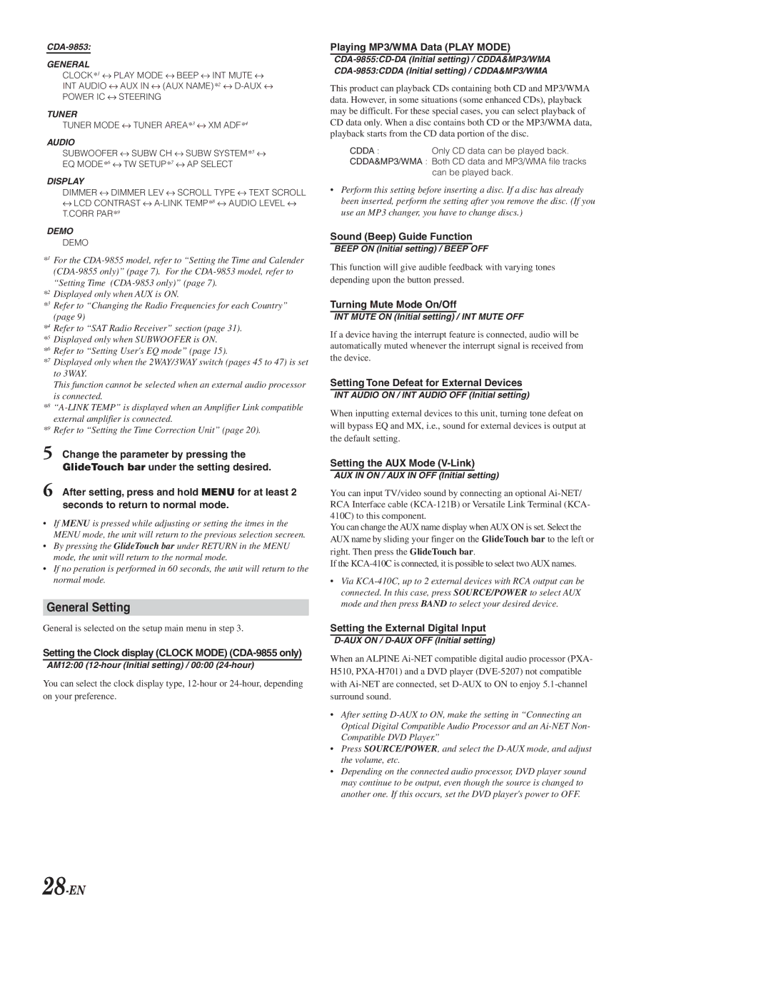 Alpine CDA-9853, CDA-9855 owner manual General Setting, 28-EN 