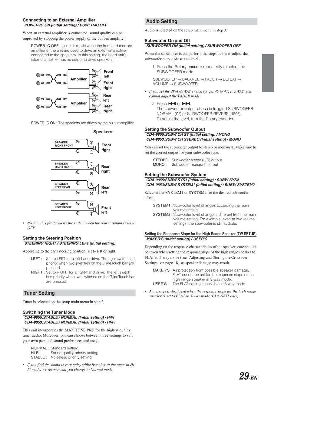 Alpine CDA-9855, CDA-9853 owner manual Tuner Setting, Audio Setting, 29-EN 