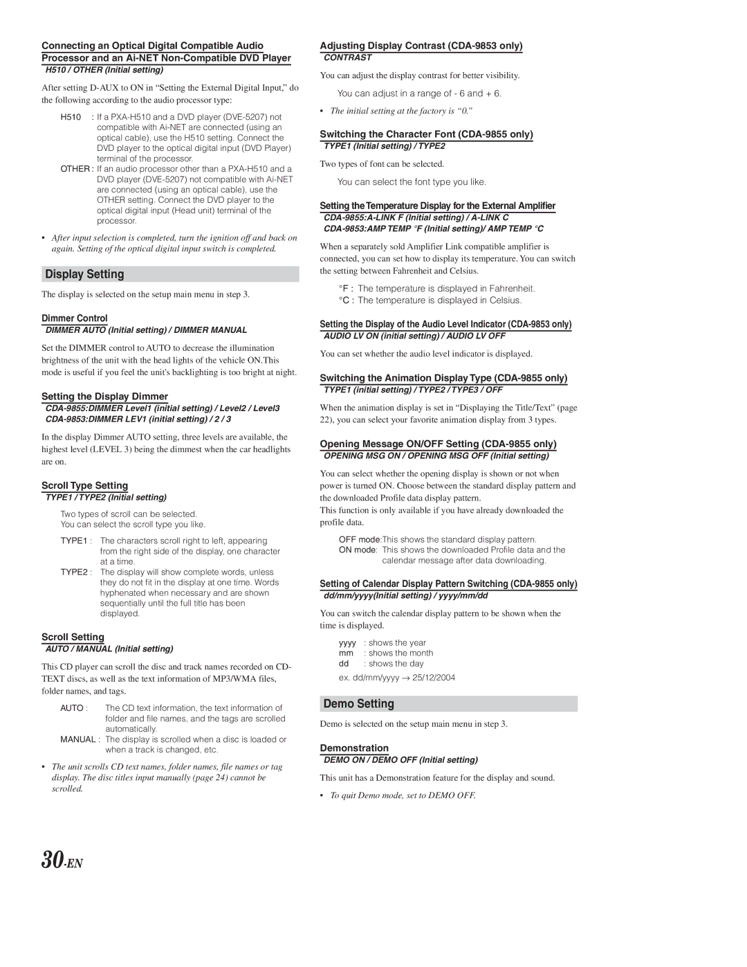 Alpine CDA-9853, CDA-9855 owner manual Display Setting, Demo Setting, 30-EN 