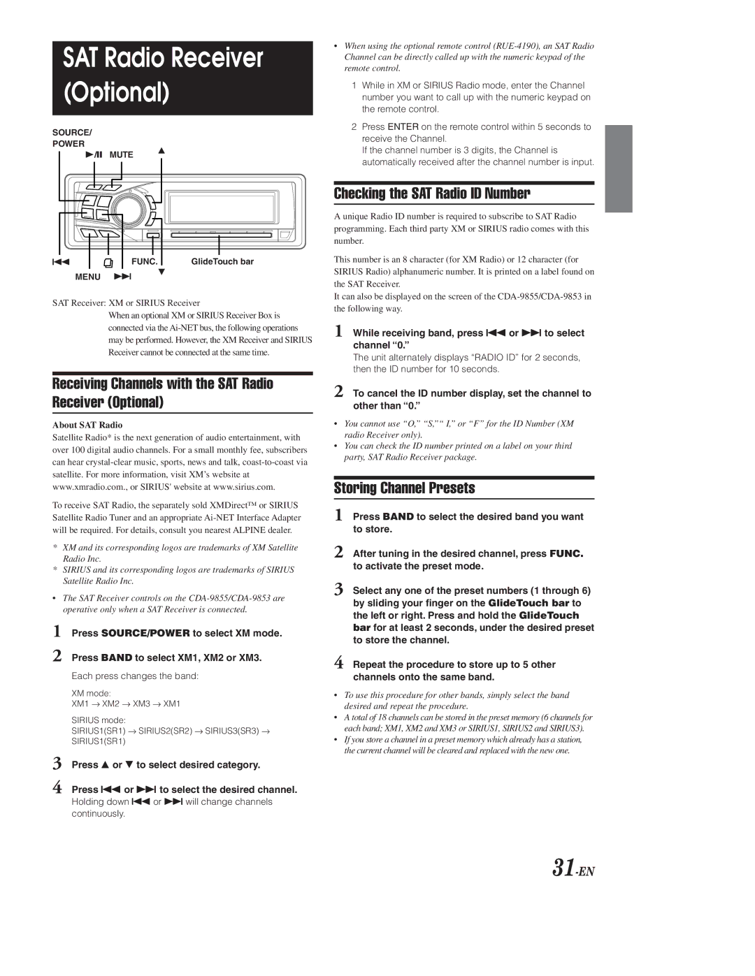 Alpine CDA-9855 Receiving Channels with the SAT Radio Receiver Optional, Checking the SAT Radio ID Number, 31-EN 