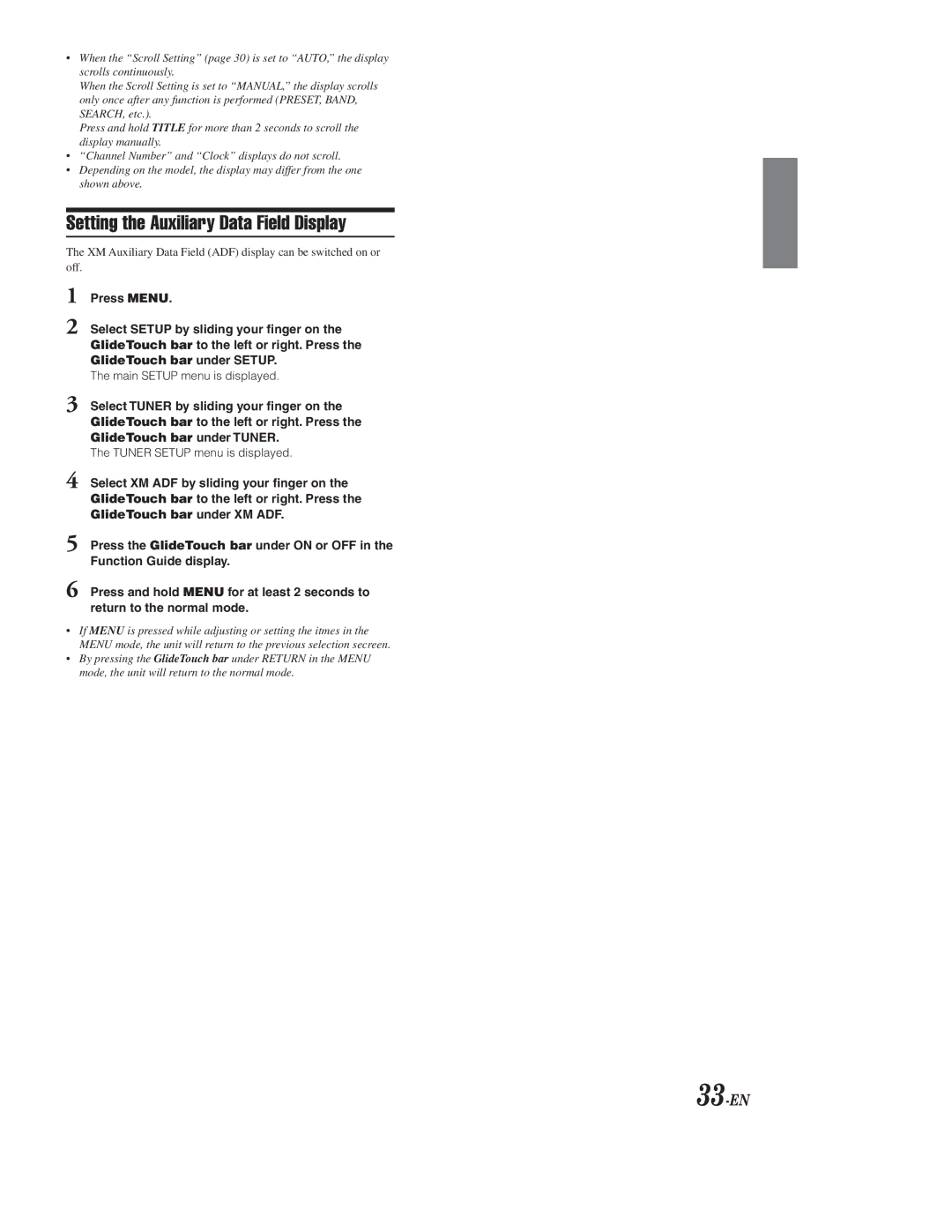 Alpine CDA-9855, CDA-9853 owner manual Setting the Auxiliary Data Field Display, 33-EN 