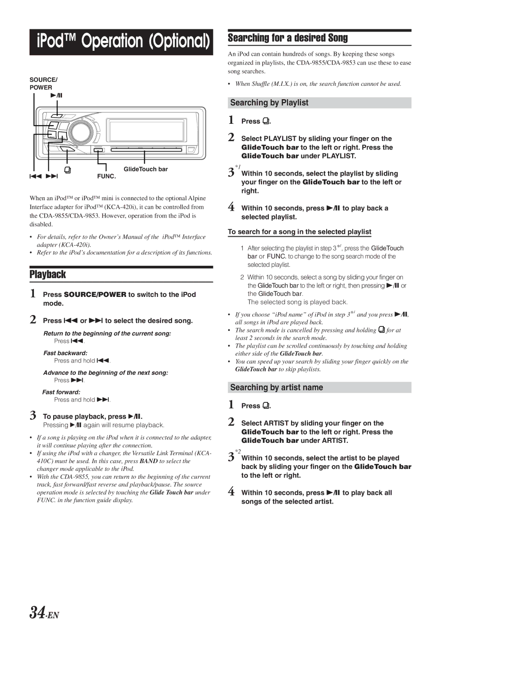 Alpine CDA-9853, CDA-9855 owner manual Searching for a desired Song, Searching by Playlist, Searching by artist name, 34-EN 