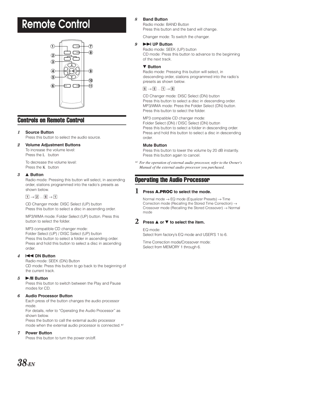 Alpine CDA-9853, CDA-9855 owner manual Controls on Remote Control, Operating the Audio Processor, 38-EN 