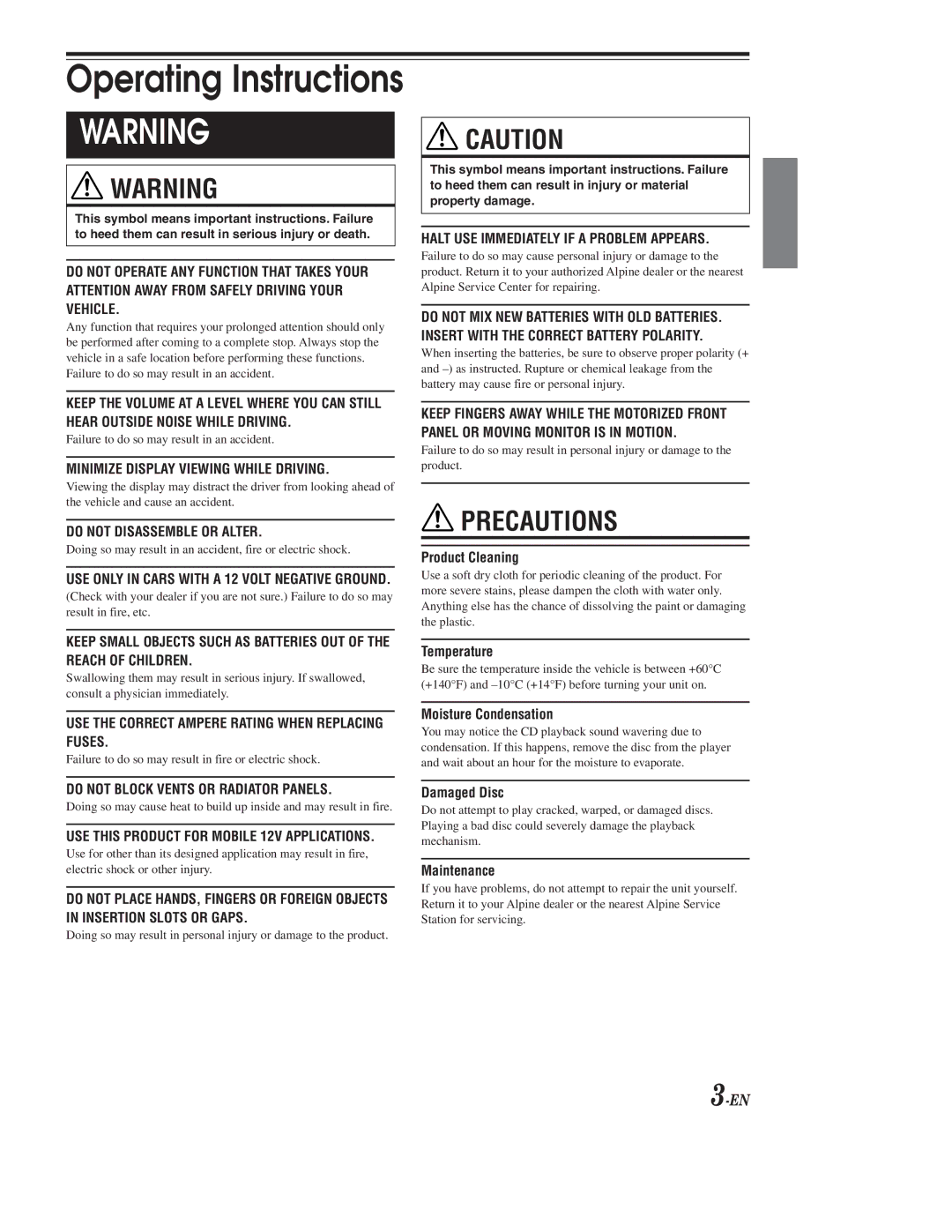 Alpine CDA-9855, CDA-9853 owner manual Operating Instructions 