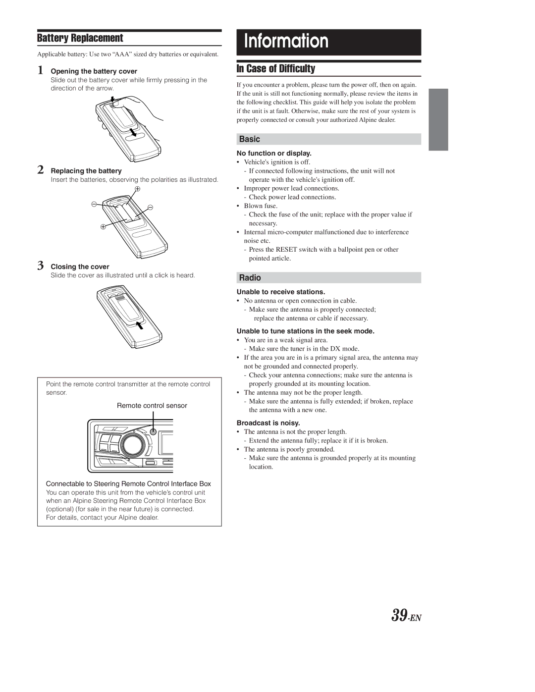 Alpine CDA-9855, CDA-9853 owner manual Information, Battery Replacement, Case of Difficulty, Basic, Radio 