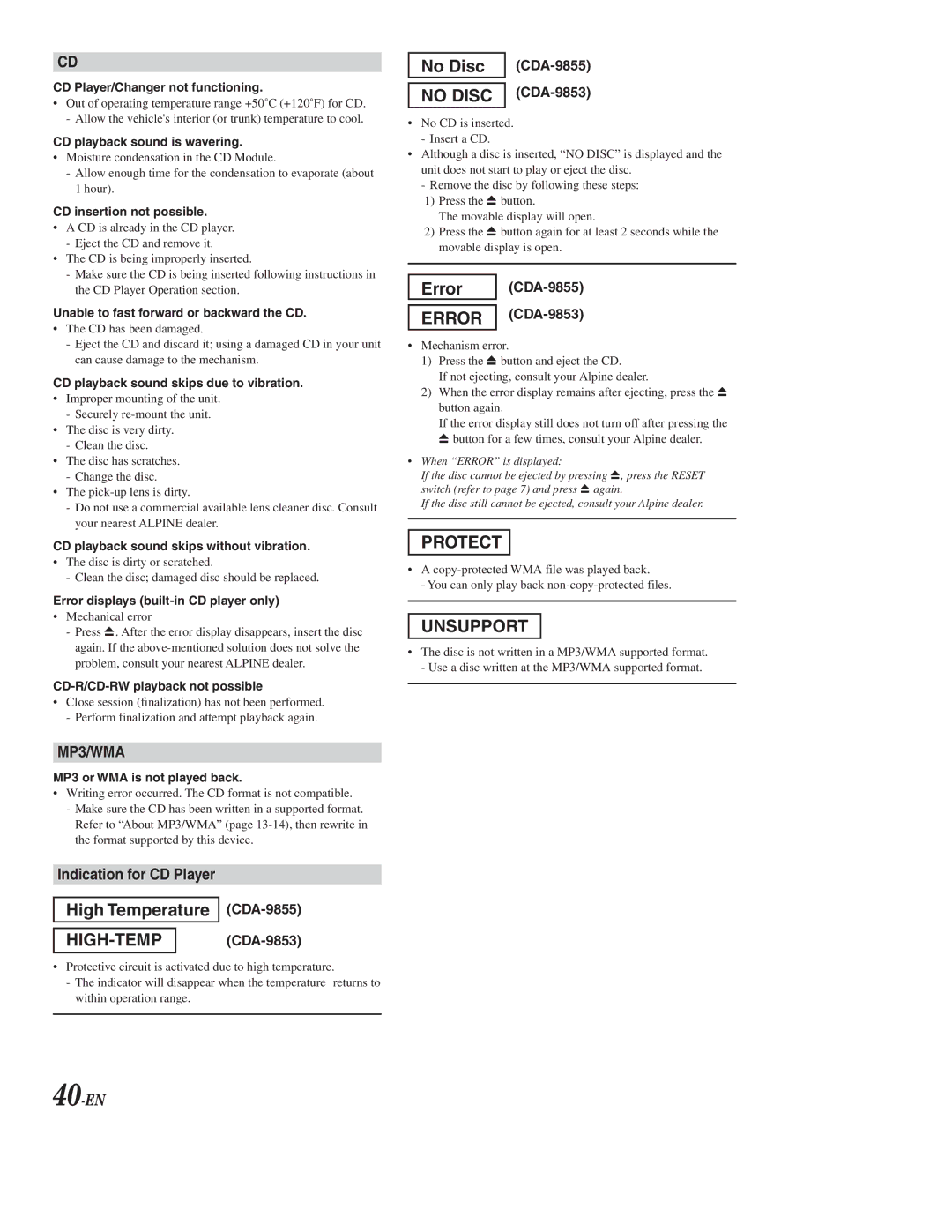 Alpine CDA-9853, CDA-9855 owner manual Indication for CD Player, 40-EN 