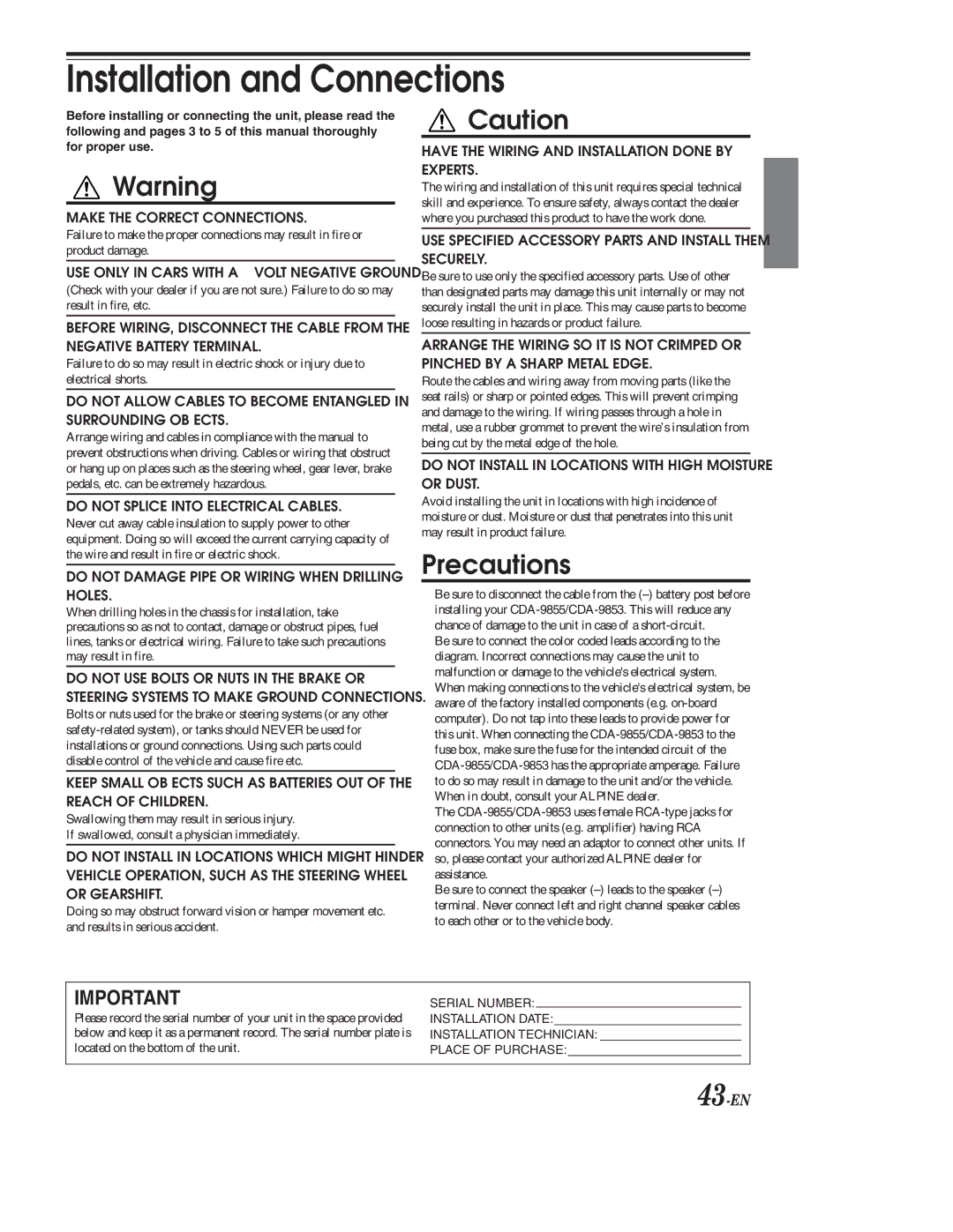 Alpine CDA-9855, CDA-9853 owner manual Installation and Connections, 43-EN 