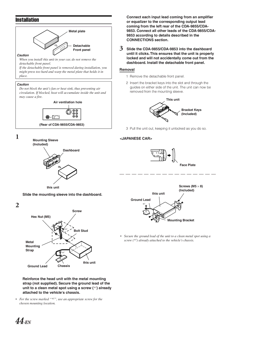 Alpine CDA-9853, CDA-9855 owner manual Installation, 44-EN, Slide the mounting sleeve into the dashboard, Removal 