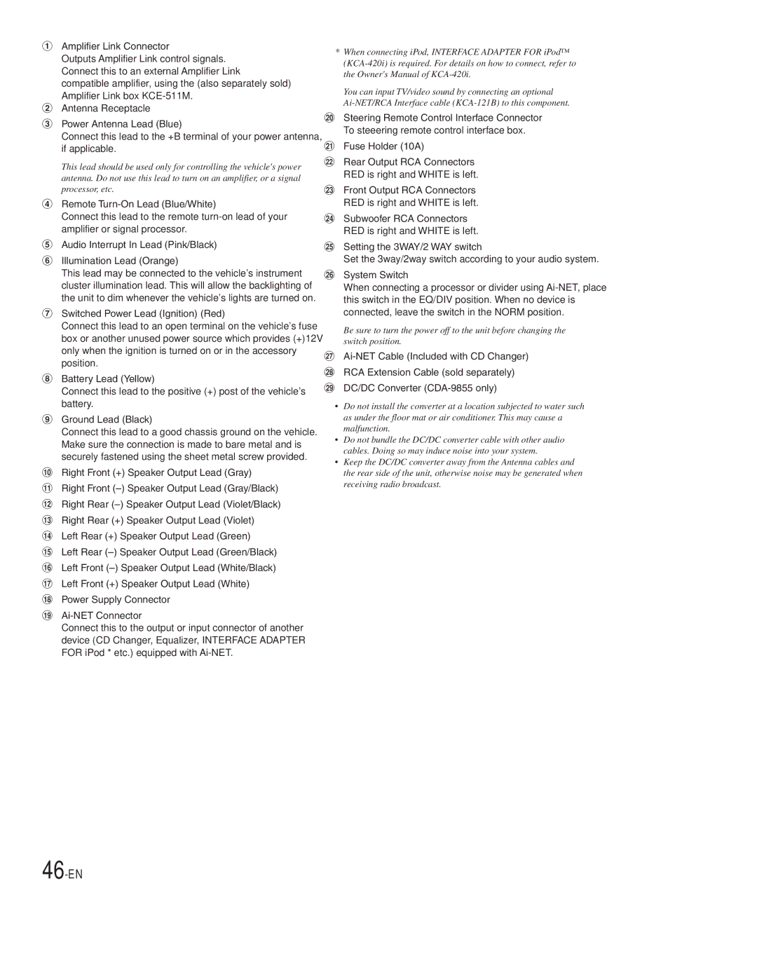 Alpine CDA-9853, CDA-9855 owner manual 46-EN, Amplifier Link Connector 