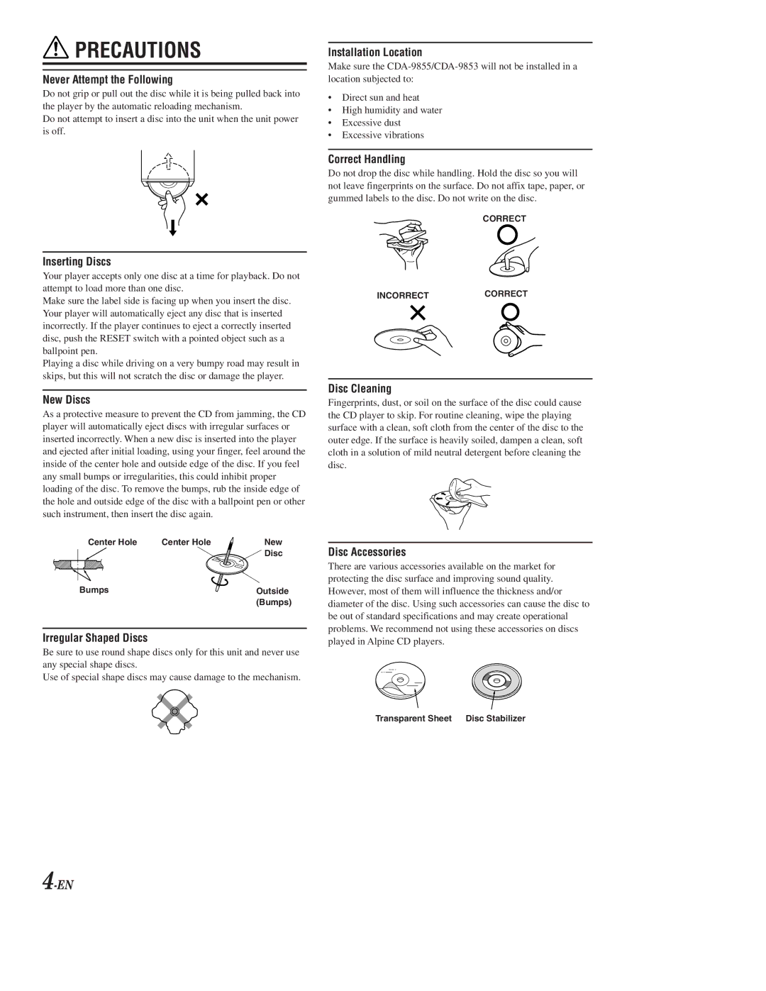 Alpine CDA-9853, CDA-9855 owner manual Never Attempt the Following 