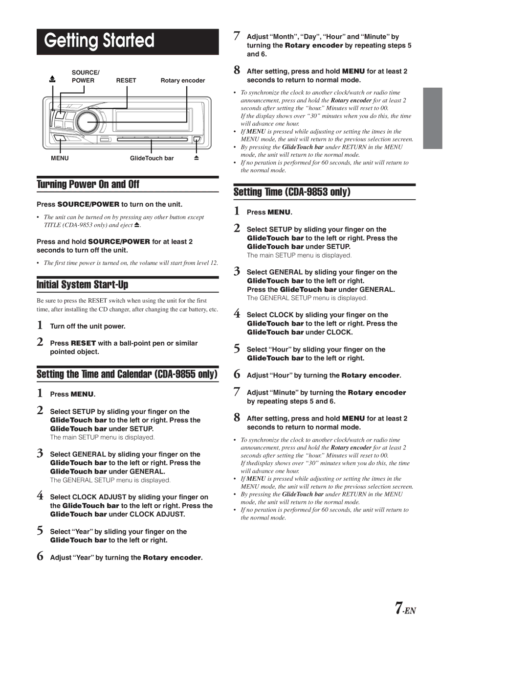 Alpine CDA-9855 owner manual Getting Started, Turning Power On and Off, Initial System Start-Up, Setting Time CDA-9853 only 