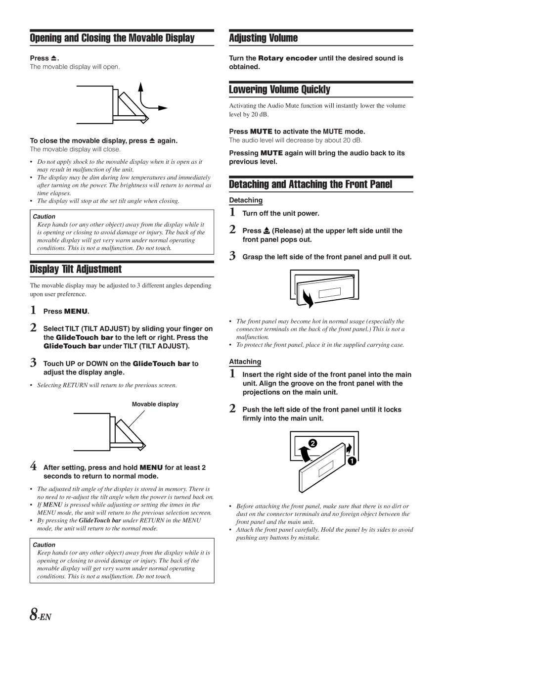 Alpine CDA-9853, CDA-9855 owner manual Opening and Closing the Movable Display, Adjusting Volume, Display Tilt Adjustment 