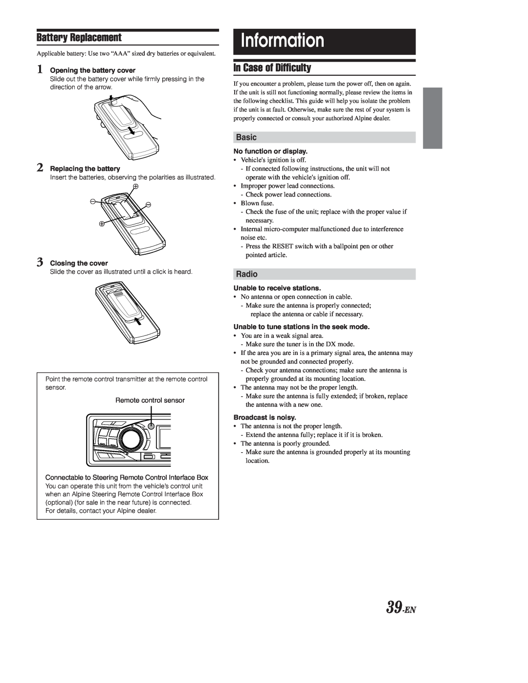 Alpine CDA-9855, CDA-9853 owner manual Information, Battery Replacement, In Case of Difficulty, Basic, Radio, 39-EN 