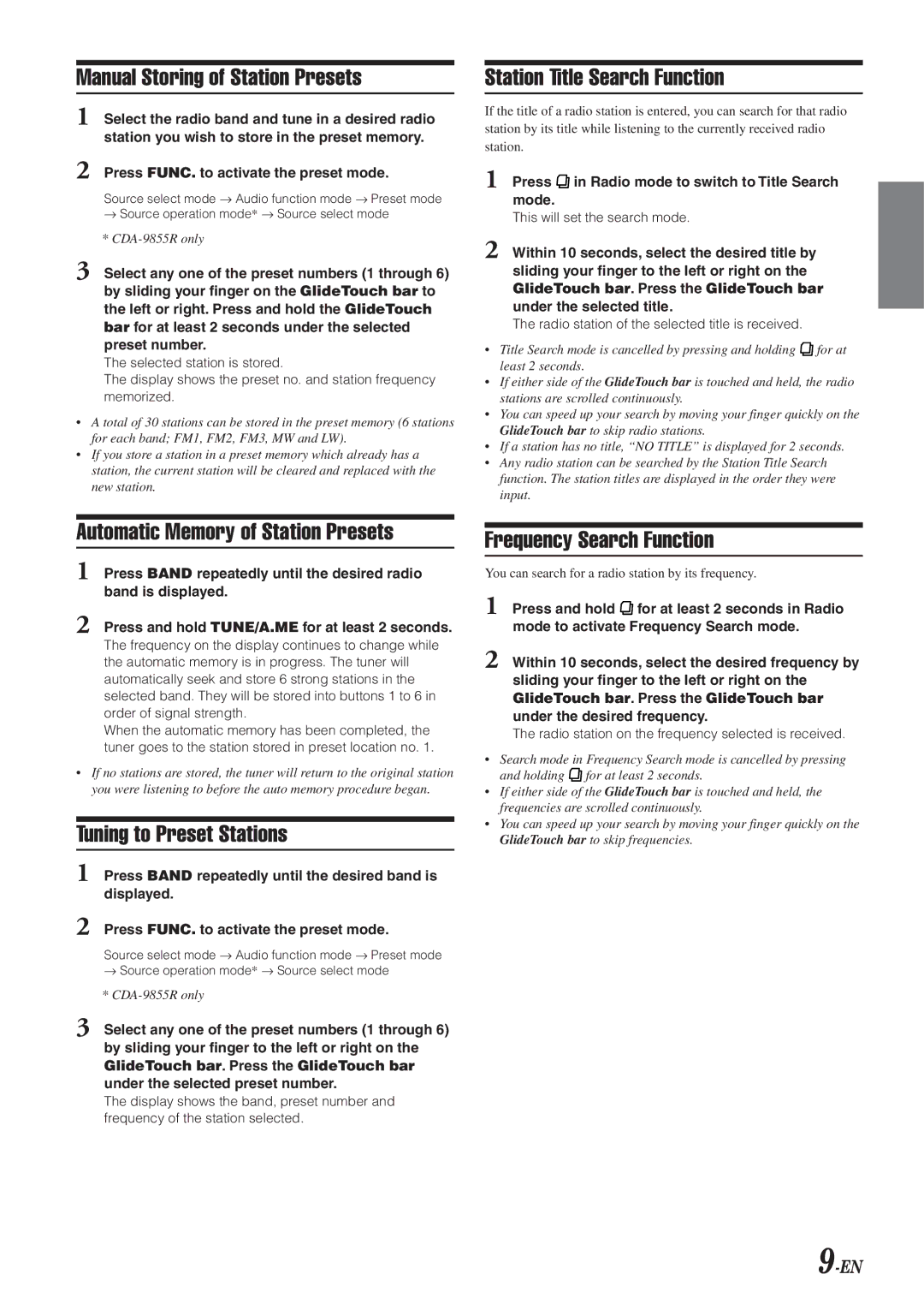 Alpine CDA-9855R Manual Storing of Station Presets, Station Title Search Function, Automatic Memory of Station Presets 