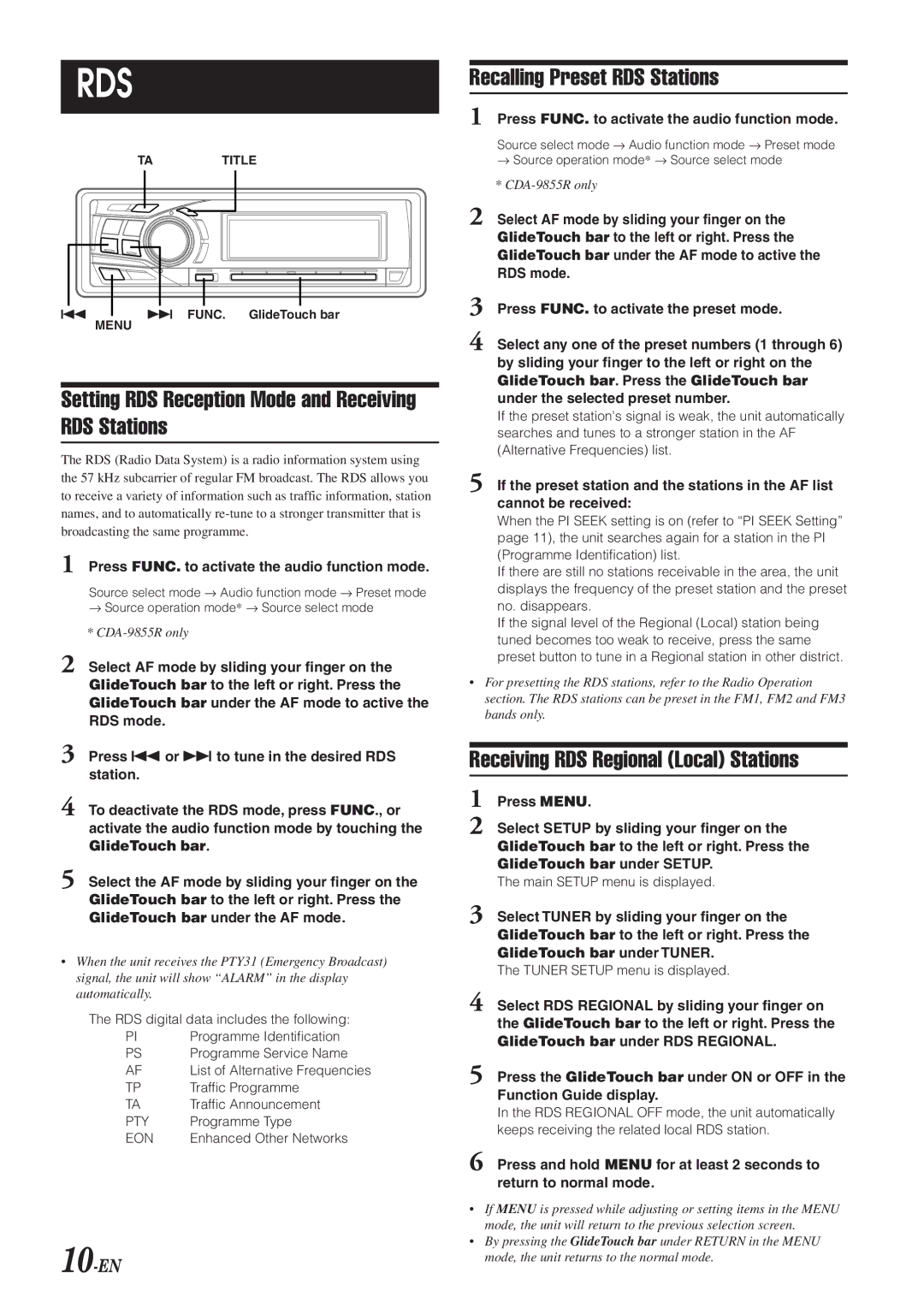 Alpine CDA-9853R, CDA-9855R Setting RDS Reception Mode and Receiving RDS Stations, Recalling Preset RDS Stations, 10-EN 