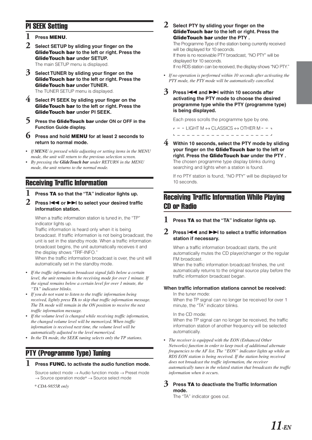 Alpine CDA-9855R, CDA-9853R owner manual PI Seek Setting, Receiving Traffic Information, PTY Programme Type Tuning, 11-EN 