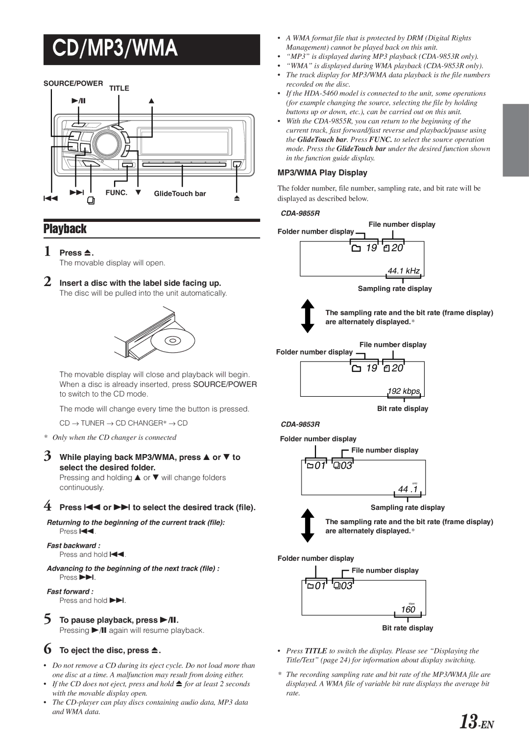 Alpine CDA-9855R, CDA-9853R owner manual Playback, 13-EN 