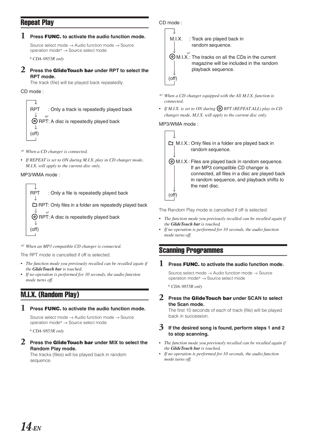 Alpine CDA-9853R, CDA-9855R owner manual Repeat Play, X. Random Play, Scanning Programmes, 14-EN 