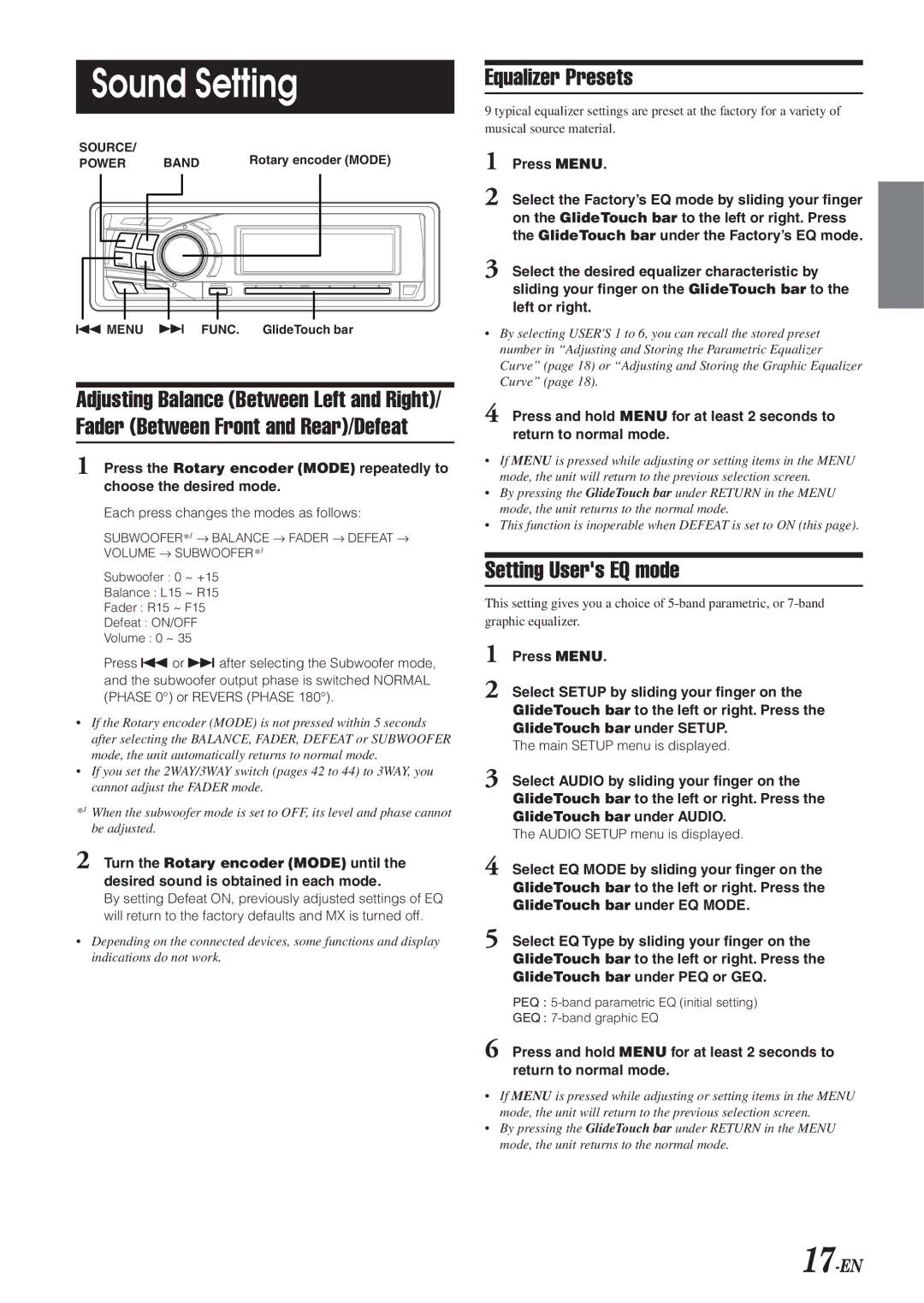 Alpine CDA-9855R, CDA-9853R owner manual Sound Setting, Equalizer Presets, Setting Users EQ mode, 17-EN, Press Menu 