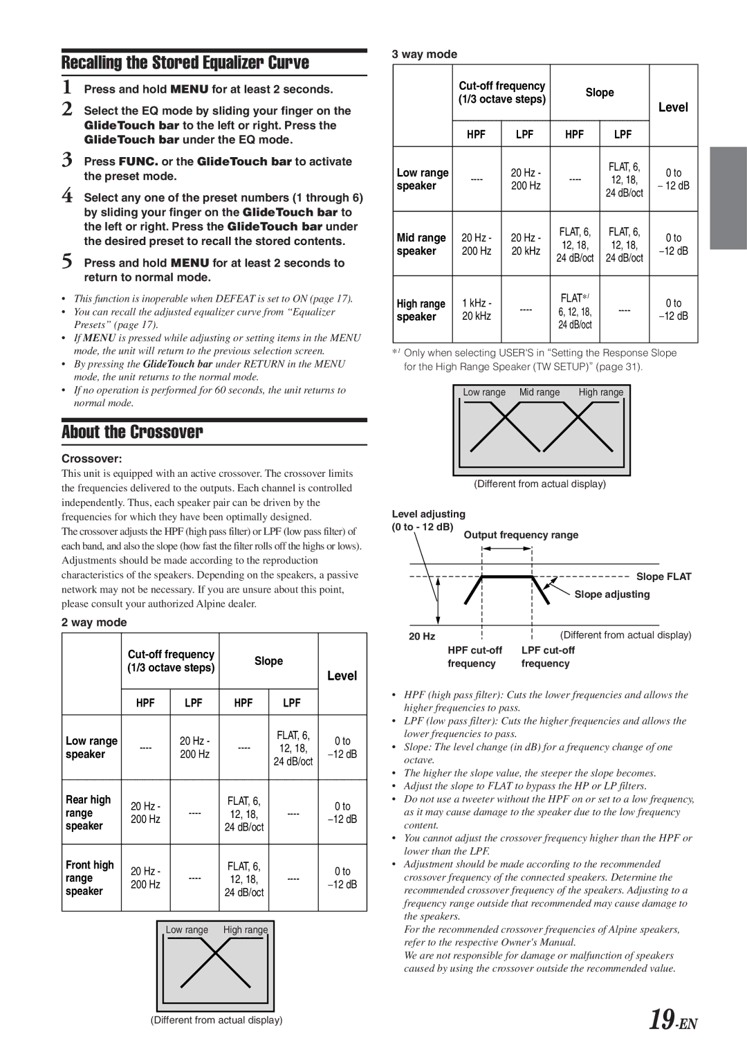 Alpine CDA-9855R, CDA-9853R owner manual Recalling the Stored Equalizer Curve, About the Crossover, 19-EN, Way mode 