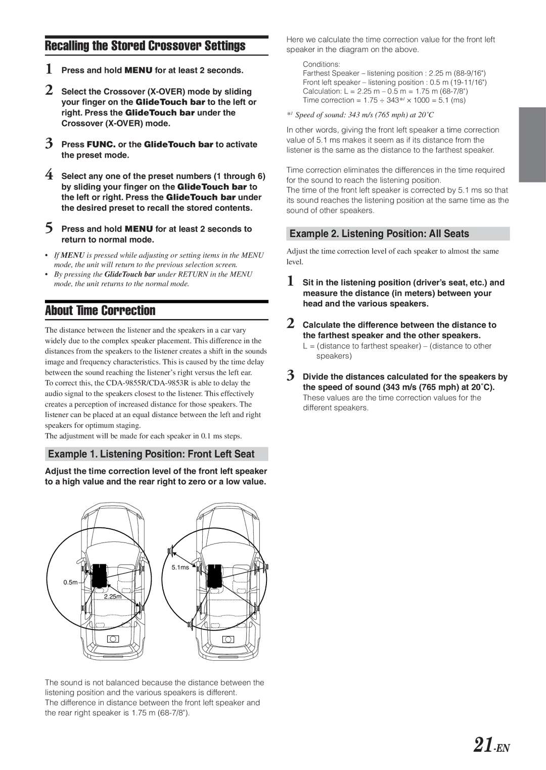 Alpine CDA-9855R Recalling the Stored Crossover Settings, About Time Correction, Example 2. Listening Position All Seats 