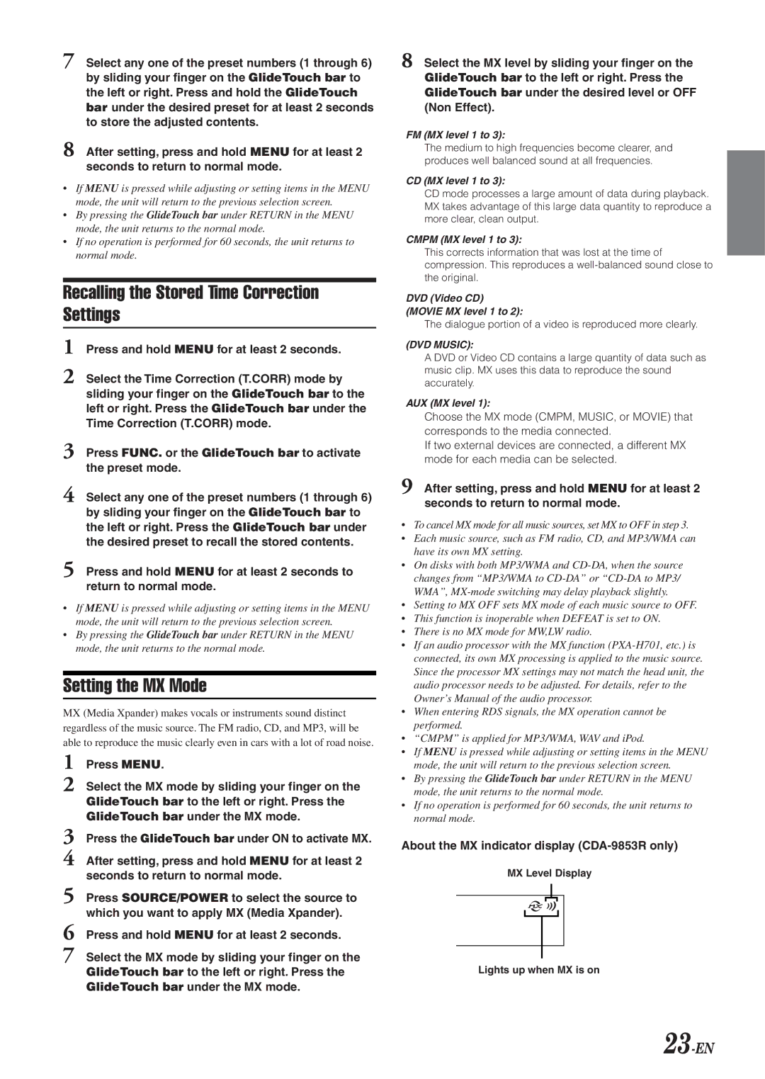 Alpine CDA-9855R, CDA-9853R owner manual Recalling the Stored Time Correction Settings, Setting the MX Mode, 23-EN 