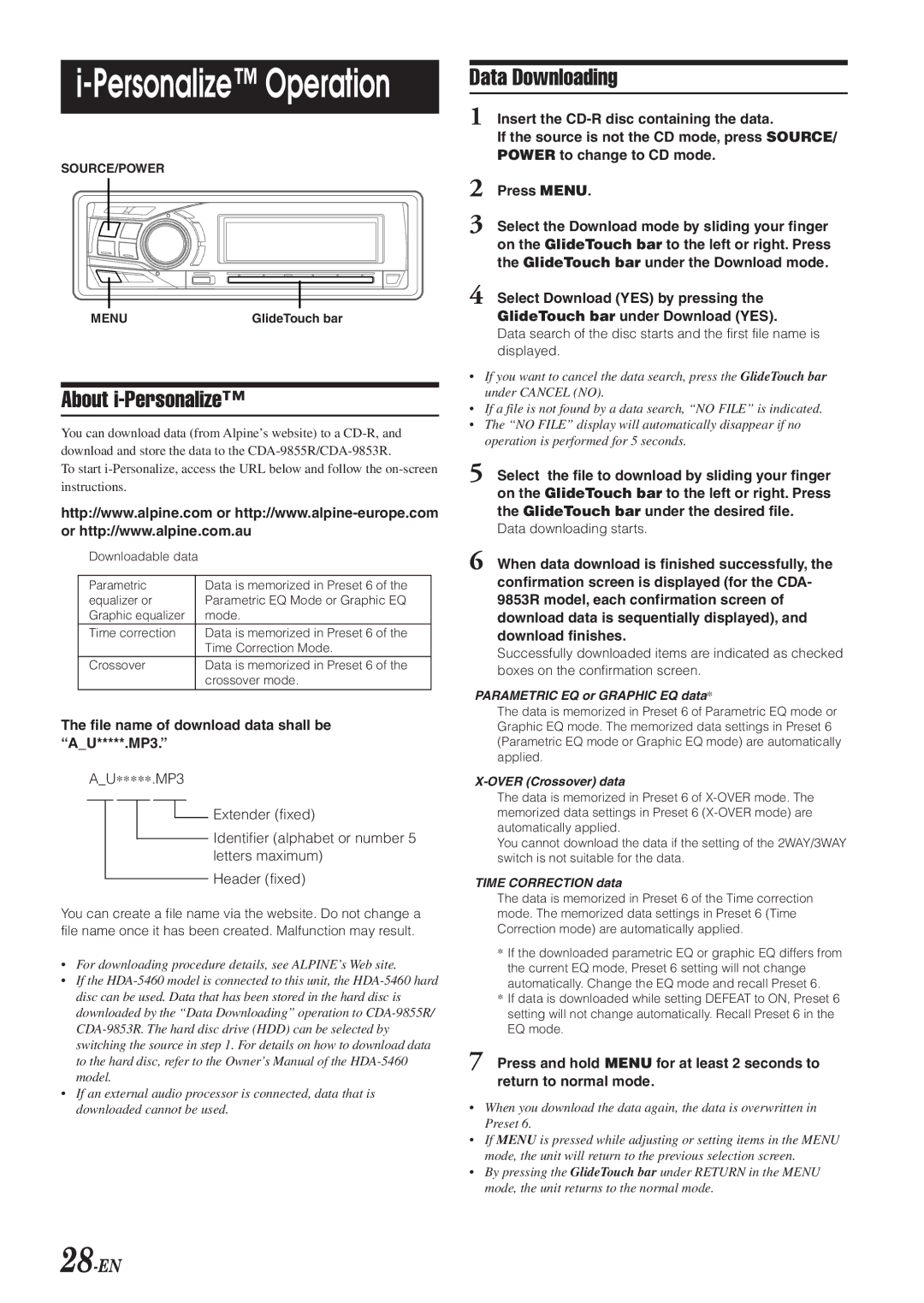 Alpine CDA-9853R, CDA-9855R About i-Personalize, Data Downloading, 28-EN, File name of download data shall be AU*****.MP3 