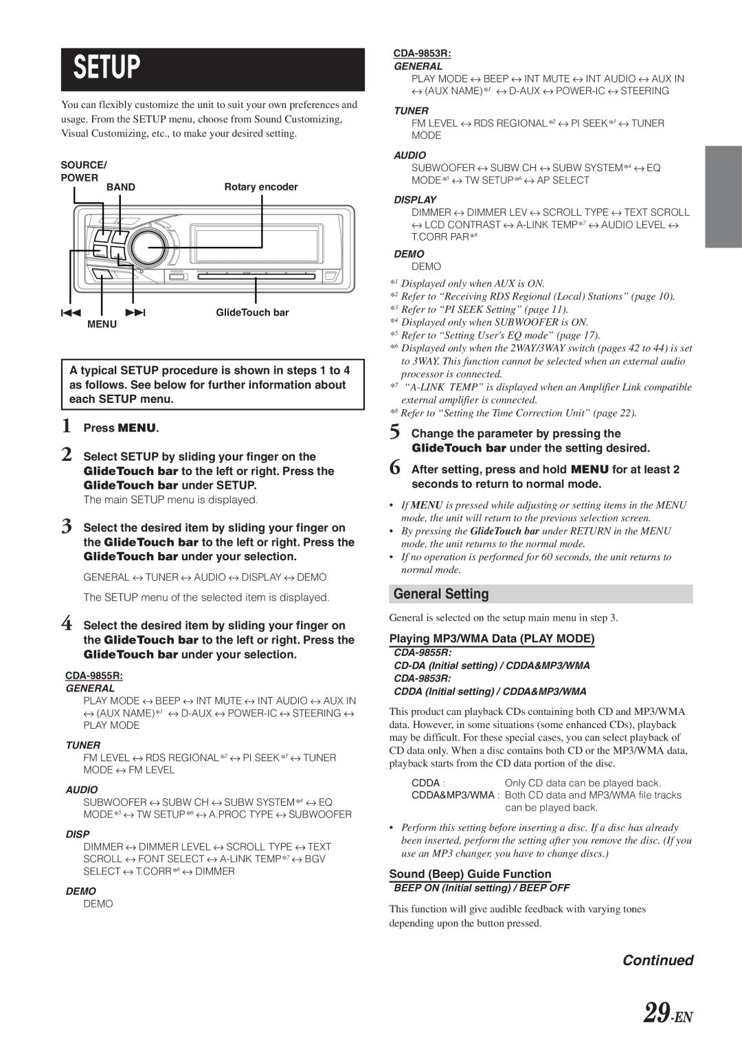 Alpine CDA-9855R, CDA-9853R owner manual General Setting, 29-EN, Playing MP3/WMA Data Play Mode, Sound Beep Guide Function 