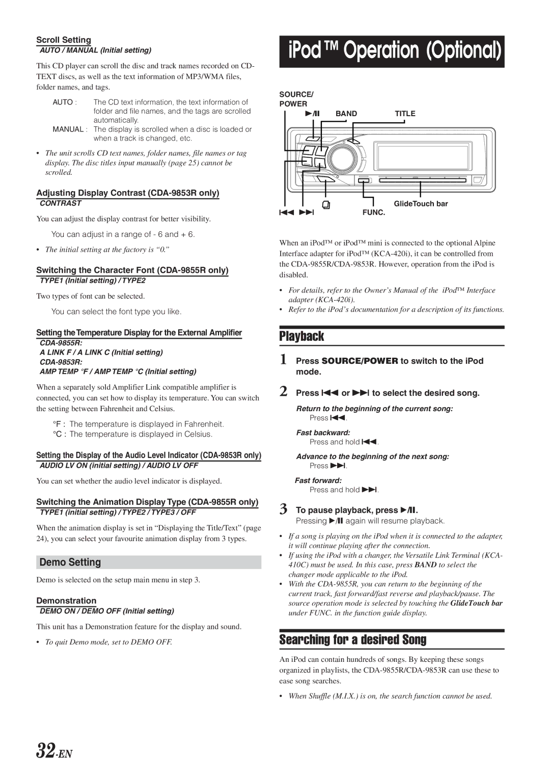 Alpine CDA-9853R, CDA-9855R owner manual Searching for a desired Song, Demo Setting, 32-EN 