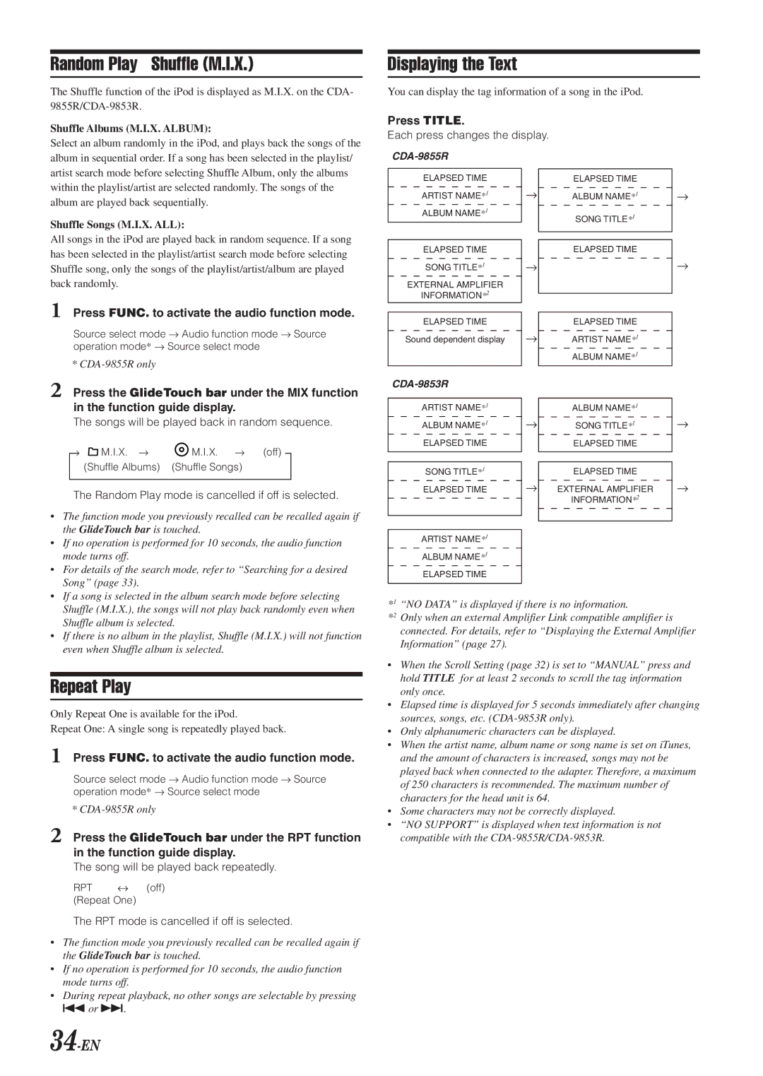 Alpine CDA-9853R, CDA-9855R owner manual Random Play Shuffle M.I.X, Displaying the Text, 34-EN 