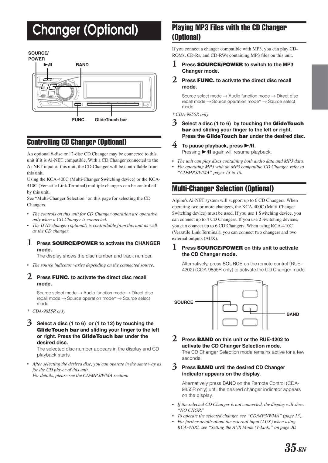 Alpine CDA-9855R, CDA-9853R Controlling CD Changer Optional, Playing MP3 Files with the CD Changer Optional, 35-EN 