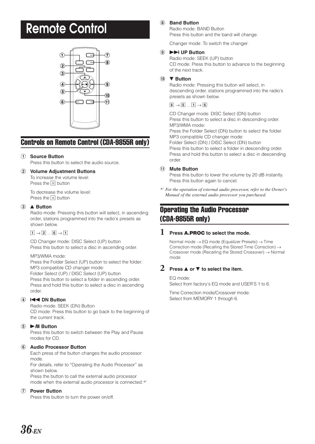 Alpine CDA-9853R, CDA-9855R owner manual Remote Control, 36-EN 