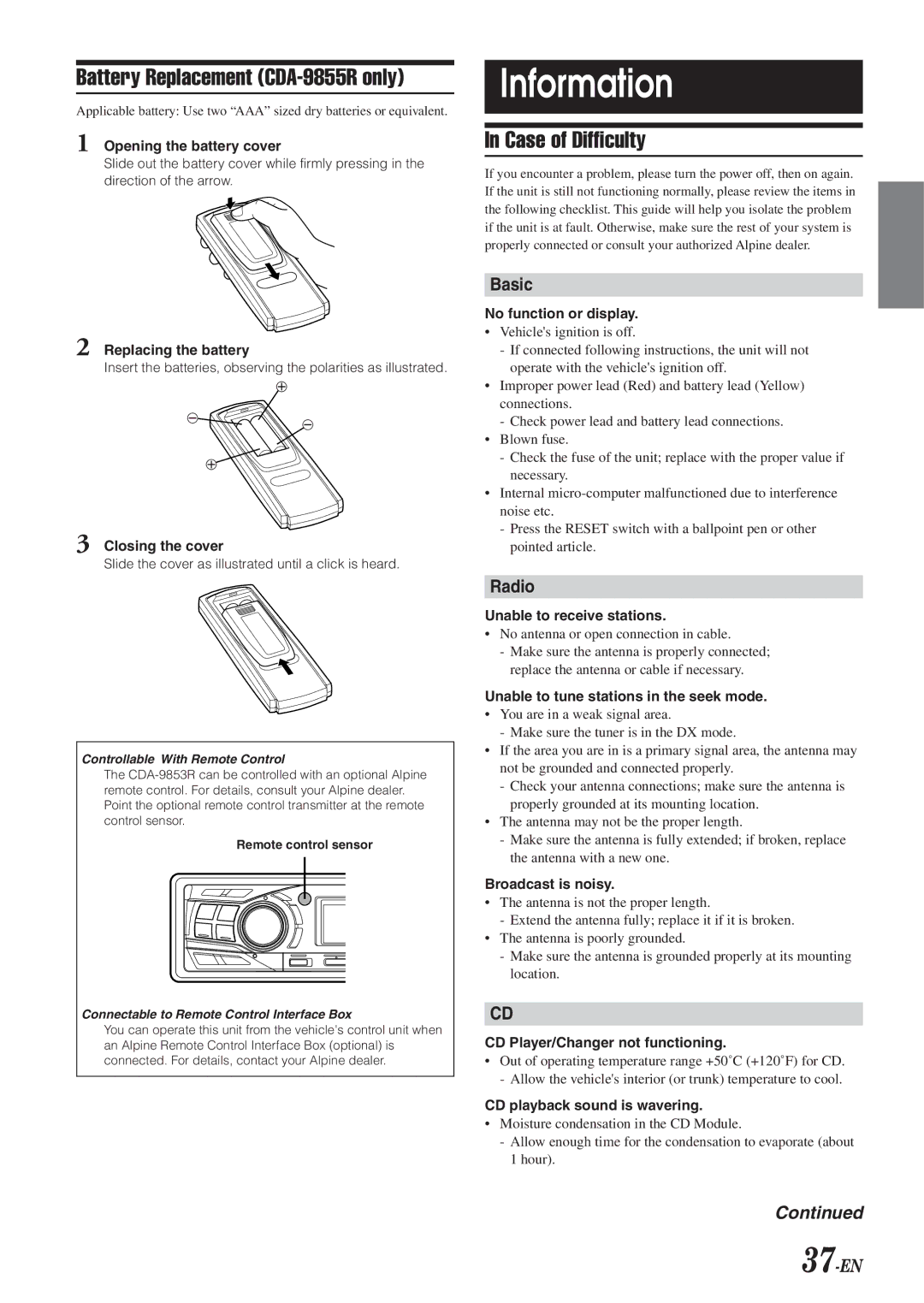 Alpine CDA-9853R owner manual Information, Battery Replacement CDA-9855R only, Case of Difficulty, Basic, Radio 