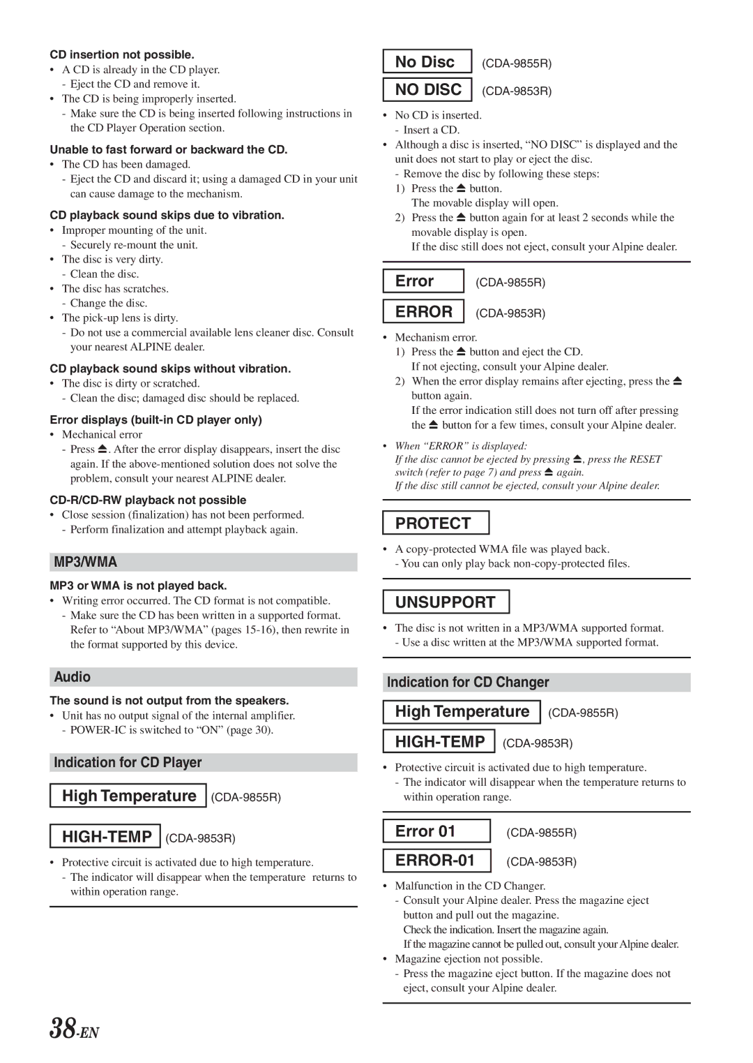 Alpine CDA-9853R, CDA-9855R owner manual Audio, Indication for CD Player, Indication for CD Changer, 38-EN 