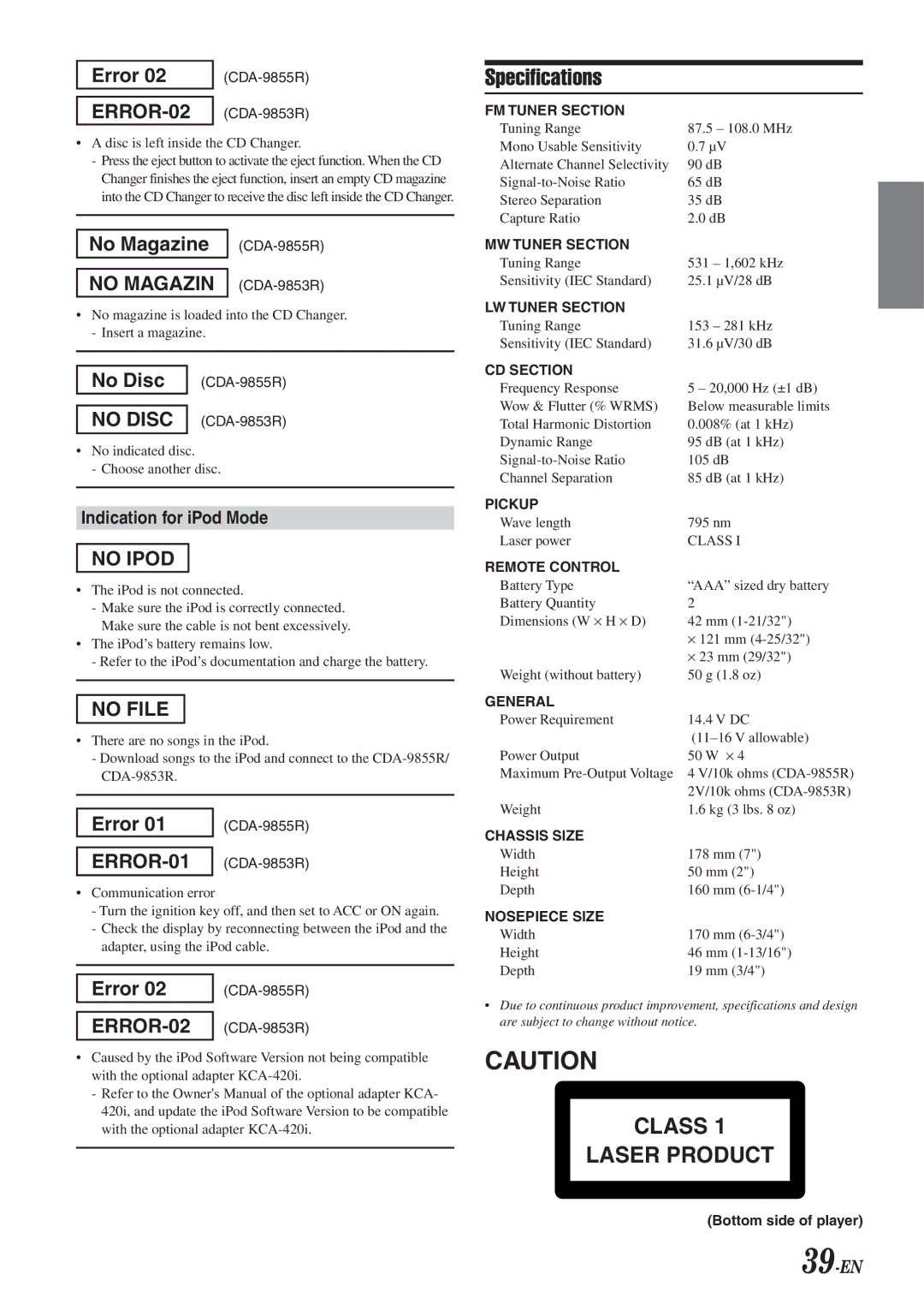 Alpine CDA-9855R, CDA-9853R owner manual Specifications, Indication for iPod Mode, 39-EN, Bottom side of player 