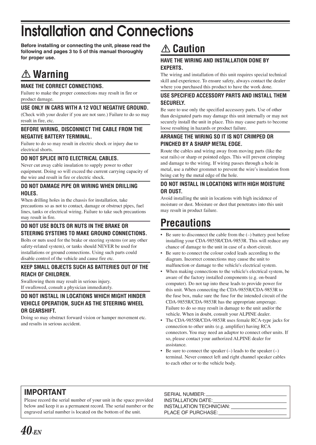 Alpine CDA-9853R, CDA-9855R owner manual Installation and Connections, 40-EN 