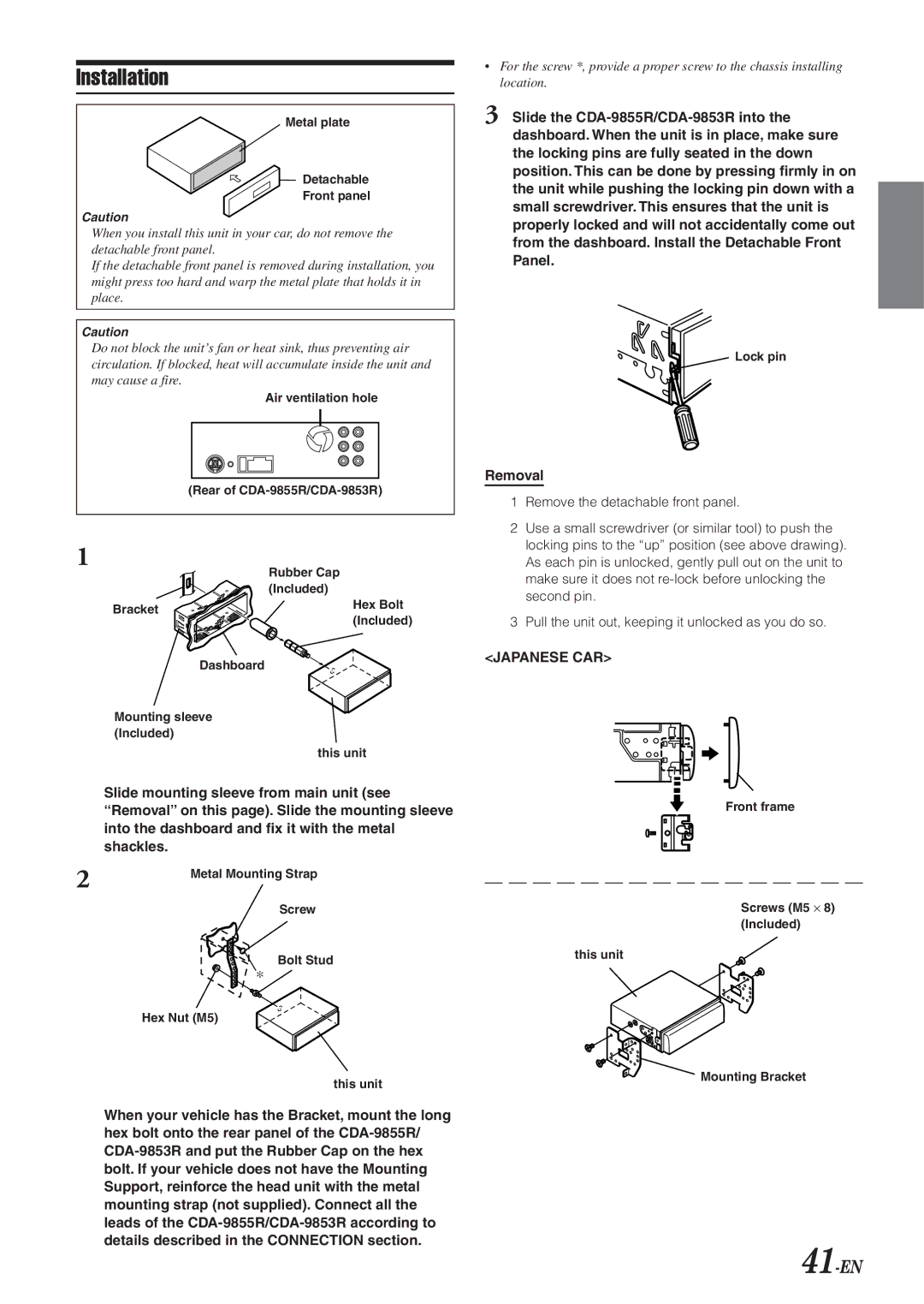 Alpine CDA-9855R, CDA-9853R owner manual Installation, 41-EN, Removal 